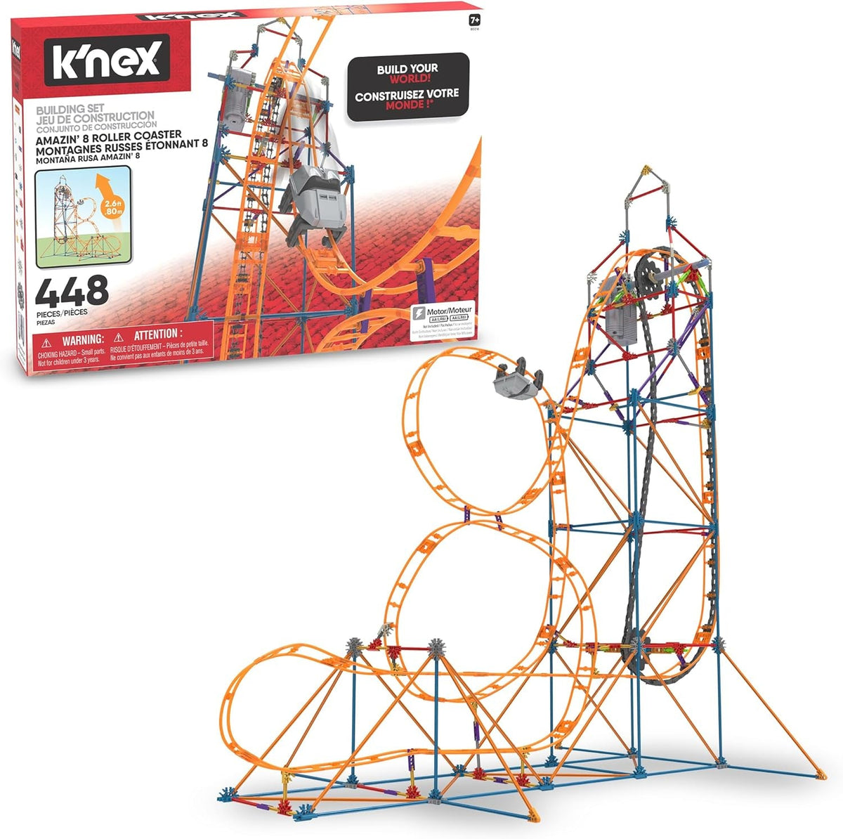 K'NEX 80216 Amazin' 8 Achterbahn-Baukasten, buntes Konstruktionsspielzeug für Jungen und Mädchen, Achterbahnspielzeug für Kinder, 448-teiliger Baukasten ab 7 Jahren