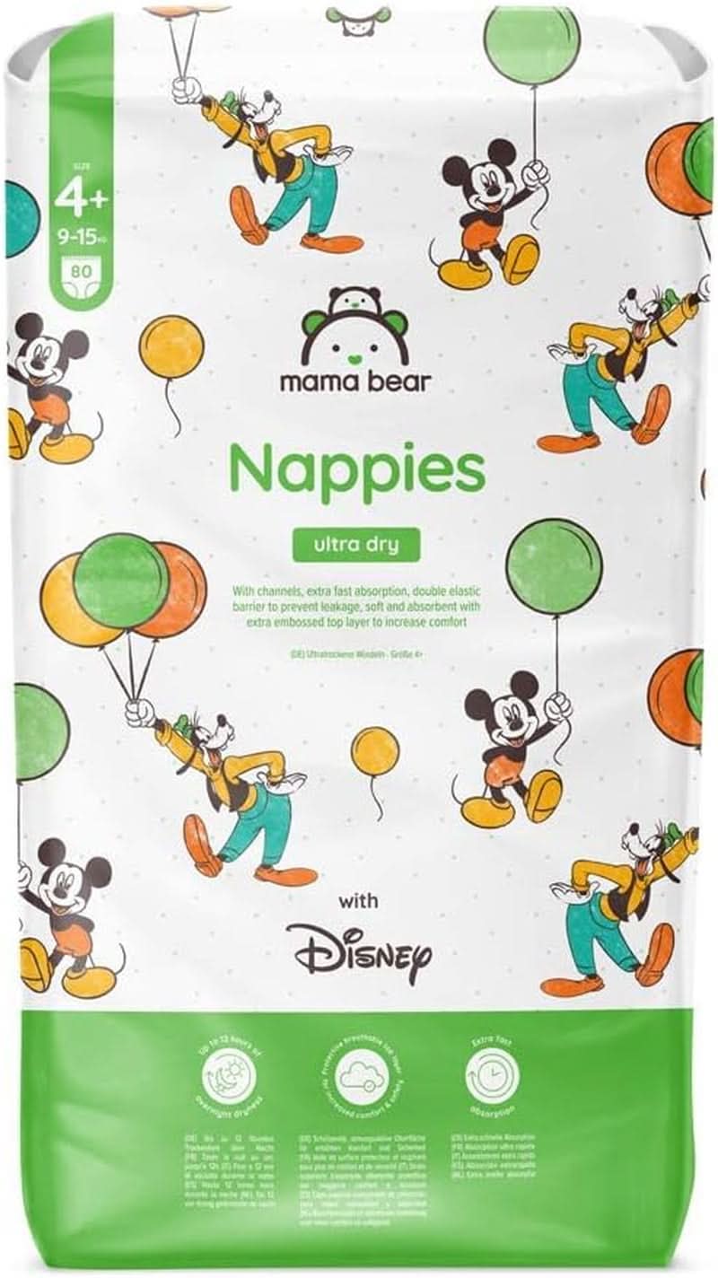 Mama Bear Disney Ultra Dry Windeln, Größe 4 (8–14 kg), Weiß, 84 Stück (1 Packung). Naty Shop Größe 4+ (9–15 kg), Einzelpackung