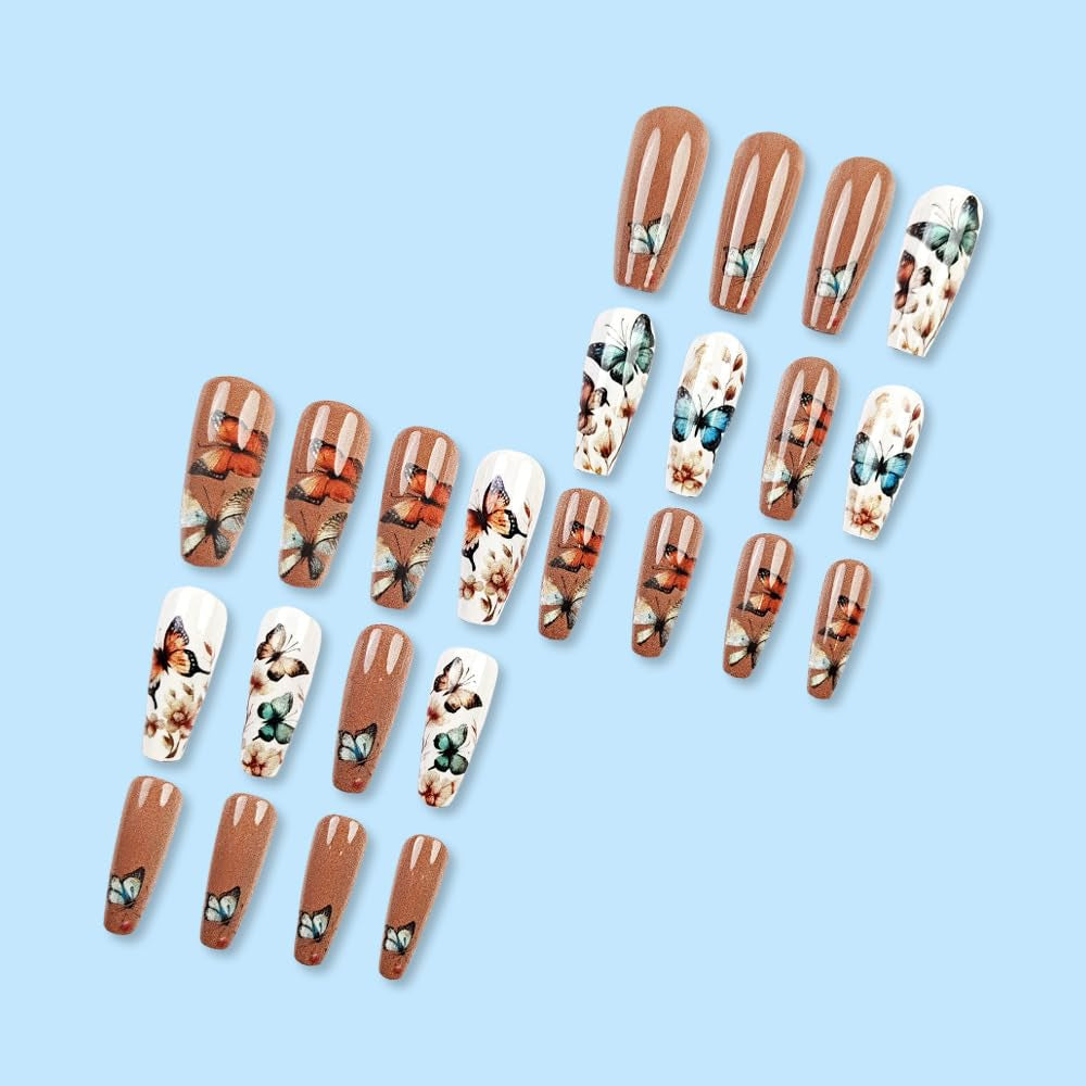 24 buc unghii lungi cu presă pe unghii sicriu unghii artificiale fluture floare unghii adezive alb maro set unghii acrilice sfaturi unghii femei primăvară vară accesorii unghii