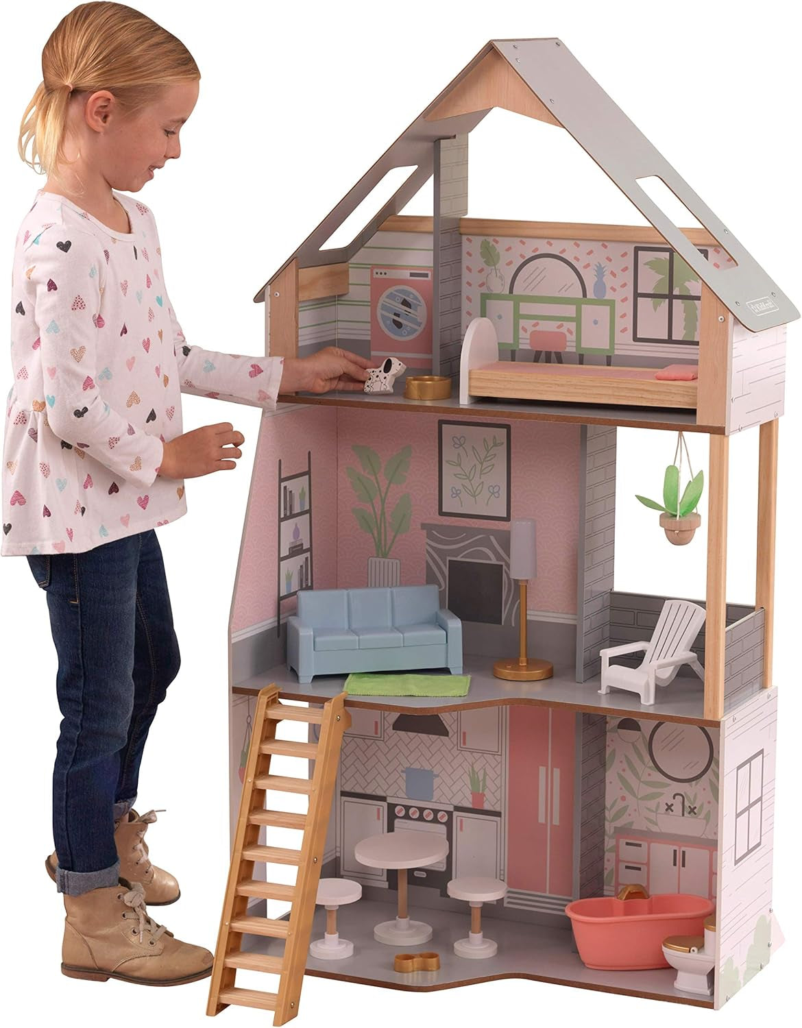 Kidkraft Alina Puppenhaus aus Holz mit Möbeln und Zubehör für 30-cm-Puppen, 3-stöckiges Spielset mit Hund und beweglicher Treppe, Spielzeug für 3-Jährige, 10229 Naty Shop Dollhouses Standardtitel