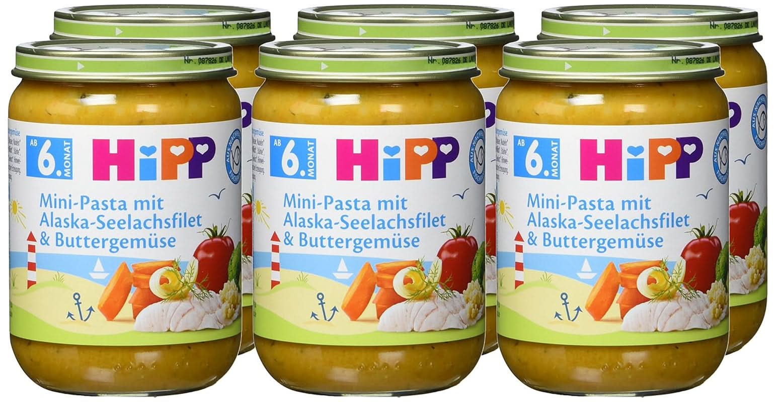 Hipp Mini-Pasta mit Alaska-Seelachs-Fischfilets und Gemüse mit Butter, 6er-Pack (6 x 190 g) Mutter und Kind Naty Shop