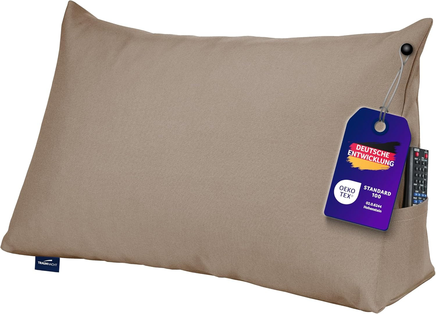 Pernă confortabilă Traumnacht Cozy Back, pernă de citit, 70 x 40 cm bej, husă detașabilă și lavabilă din 100% poliester, buzunar lateral practic, certificată Oeko-Tex, produsă conform standardelor germane de calitate