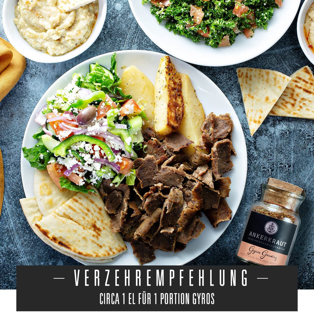 Ankerkraut Gyros, Gewürzmischung für Gyros, egal ob aus der Pfanne oder vom Grill, mit Zwiebel, Knoblauch, Majoran, Cumin, Piment und mehr, 80 g im Korkenglas