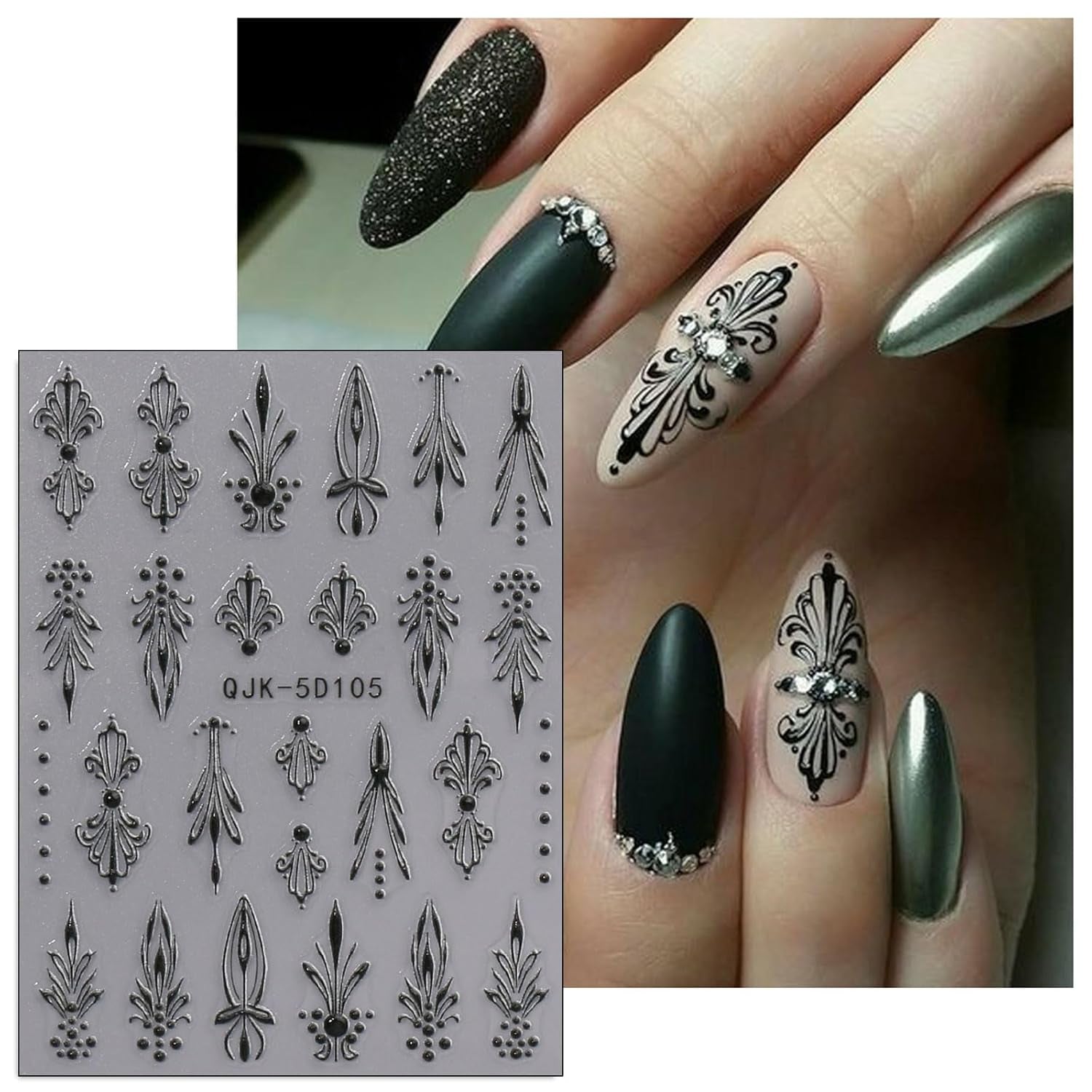 JMEOWIO 3D Nagelsticker Schwarz Weiß Blume Nail Art Sticker Selbstklebend Nagelaufkleber 5D Stereoskopisch Blumen Dekoration Nageldesign Zubehör 4 Blatt