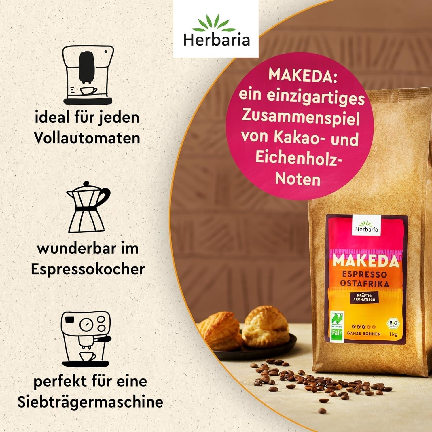 Herbaria MAKEDA Bio-Espresso ganze Bohnen 1 kg – Naturland Fair zertifiziert aus Ostafrika – Röstaromen mit Kakao und Noten von Eichenholz – Bio-Kaffeebohnen perfekt für tragbare Filter und Kaffeevollautomaten Cafea Naty Shop