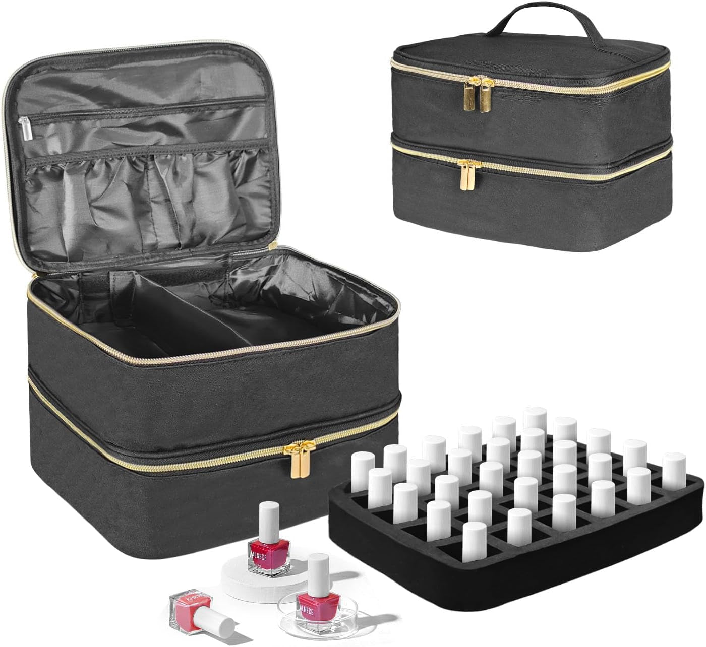 Nagellack Organizer Tasche, Doppelschicht Nagellack Aufbewahrung Box, Organizer Koffer Für Nageldesign Kosmetiktasche Für 30 Flaschen Neonail Base(15Ml-0.5 Fl.Oz) & 1 Nagellampe(Schwarz)