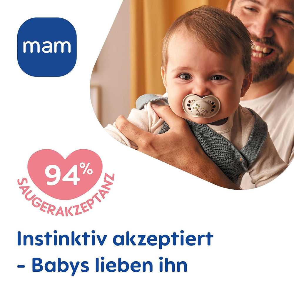 Suzete MAM Original, pachet de 2, suzete pentru bebeluși prietenoase cu dinții, fabricate din materiale sustenabile și bioregenerabile, tetine din silicon MAM SkinSoft, cu cutie pentru suzetă, 6-16 luni, albastru/albastru deschis