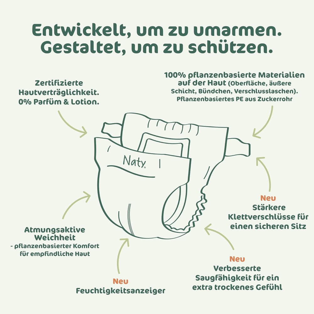 Scutece pentru bebeluși Naty BioEmbrace, mărimea 3 (4–9 kg) | 100% materiale pe bază de plante, delicate cu pielea | Moliciune respirabilă, testate dermatologic, absorbție excelentă | 100 buc.