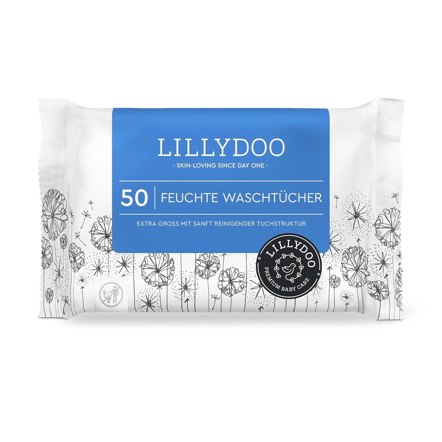 Șervețele umede LILLYDOO, 50 de bucăți, 100% fără plastic, șervețel extra mare, fără parfum