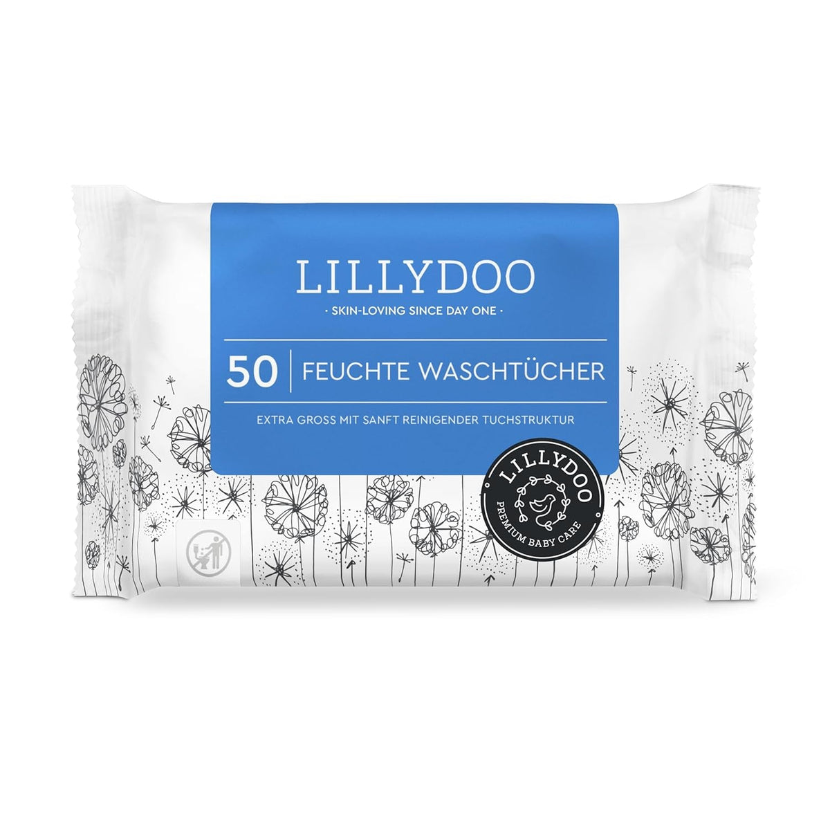 Șervețele umede LILLYDOO, 50 de bucăți, 100% fără plastic, șervețel extra mare, fără parfum