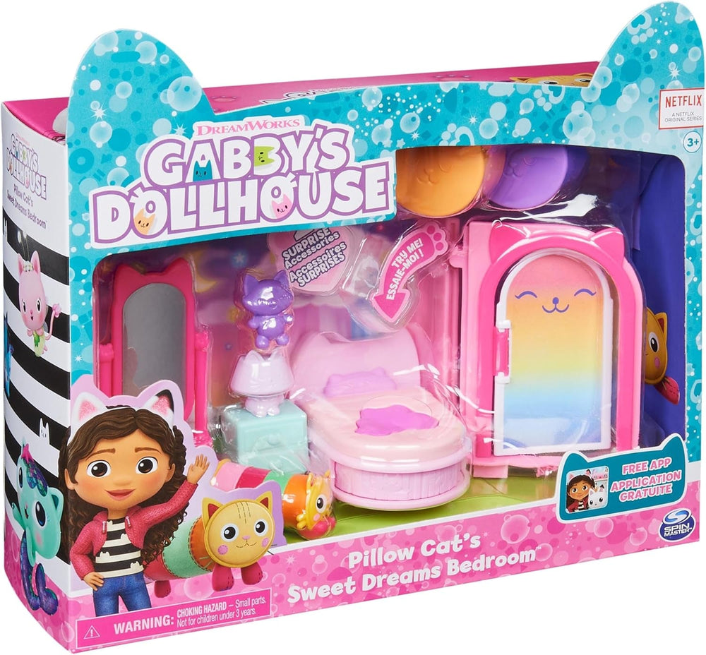 Camera Deluxe a casei de păpuși Gabby, cameră cu figurină pisică, mobilier și 2 cutii surpriză cu accesorii tematice, potrivită pentru copii cu vârsta de 3 ani și peste