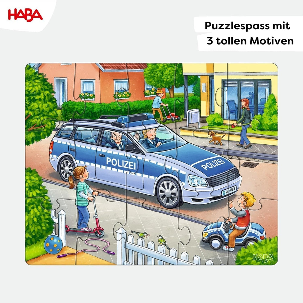 HABA Fire Brigade Puzzle - Set de 3 piese pentru copii cu vârsta de 3 ani și peste, puzzle din carton cu motive de poliție și ambulanță - Promovează abilitățile motorii fine și concentrarea - 1302759001 Puzzle Naty Shop