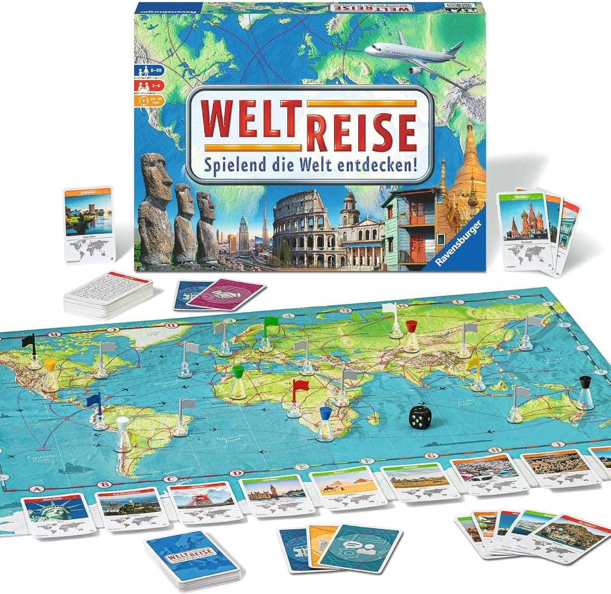 Ravensburger Familienspiel 26888 – World Tour – Klassiker für Familien ab 8 Jahren – Gesellschaftsspiel, Weltreise, Brettspiel für bis zu 6 Spieler – 170+ Städte