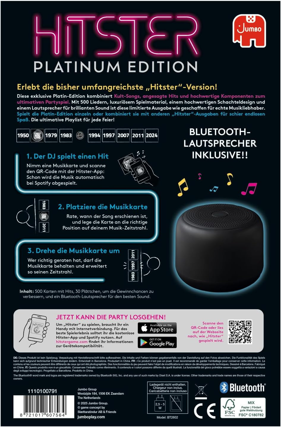 Hitster Platinum Edition – Joc muzical de petrecere cu 500 de melodii din pop, rock, hip-hop, dance și multe altele, inclusiv difuzor