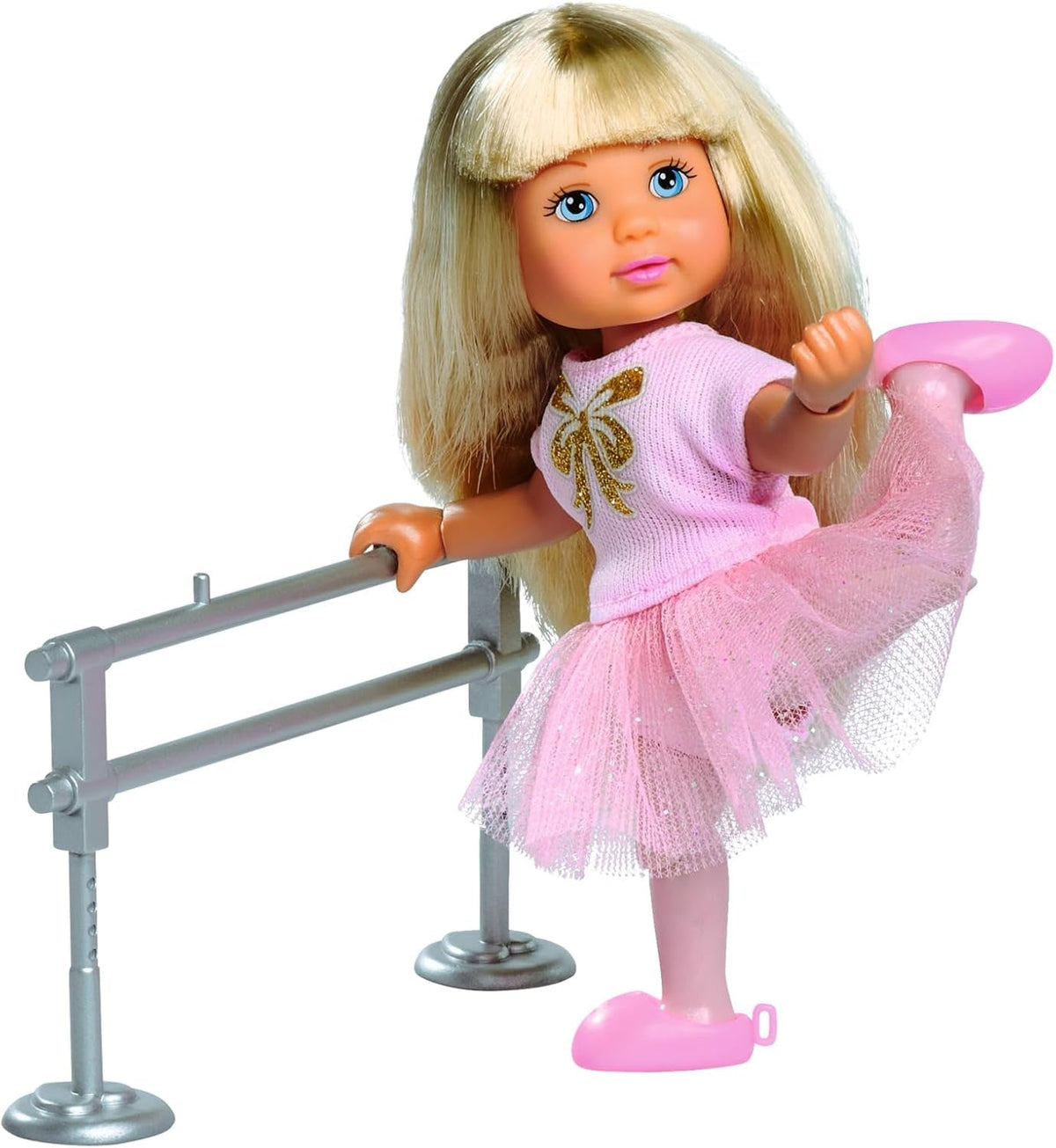 Simba Evi Love Ballet School, Puppe im süßen Ballerinaoutfit mit Balletstange, Körper vollbeweglich, 12cm Spielpuppe, ab 3 Jahren