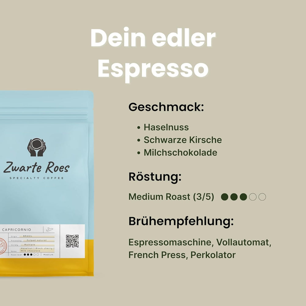 Brasil Capricornio – Espressobohnen (ganze Bohnen) – 100% Arabica, mittlere Röstung – Haselnuss, Schwarzkirsche & Schokolade – Direkt gehandelt, 1 kg Kaffeebohnen