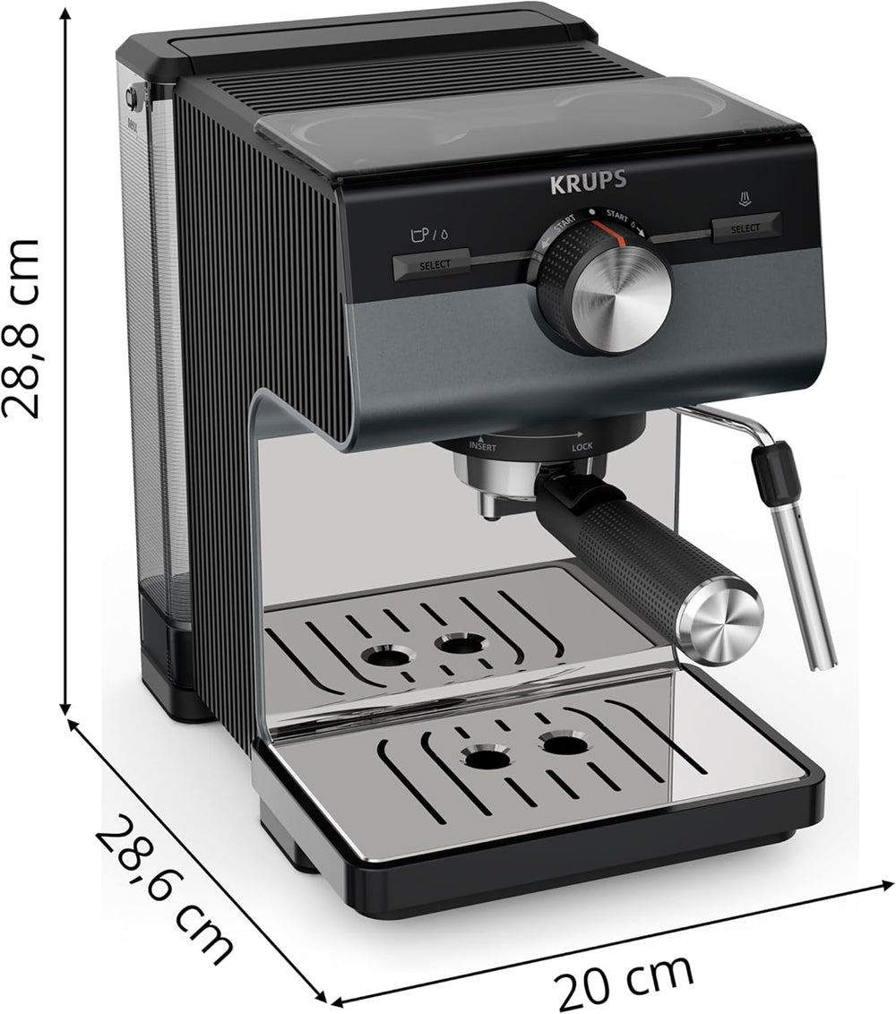 Espressor KRUPS Authentic+, 15 bari, operare intuitivă, design sofisticat, duză de abur, inclusiv accesorii extinse, Bullet Argintiu închis/Oțel inoxidabil, XP384G10