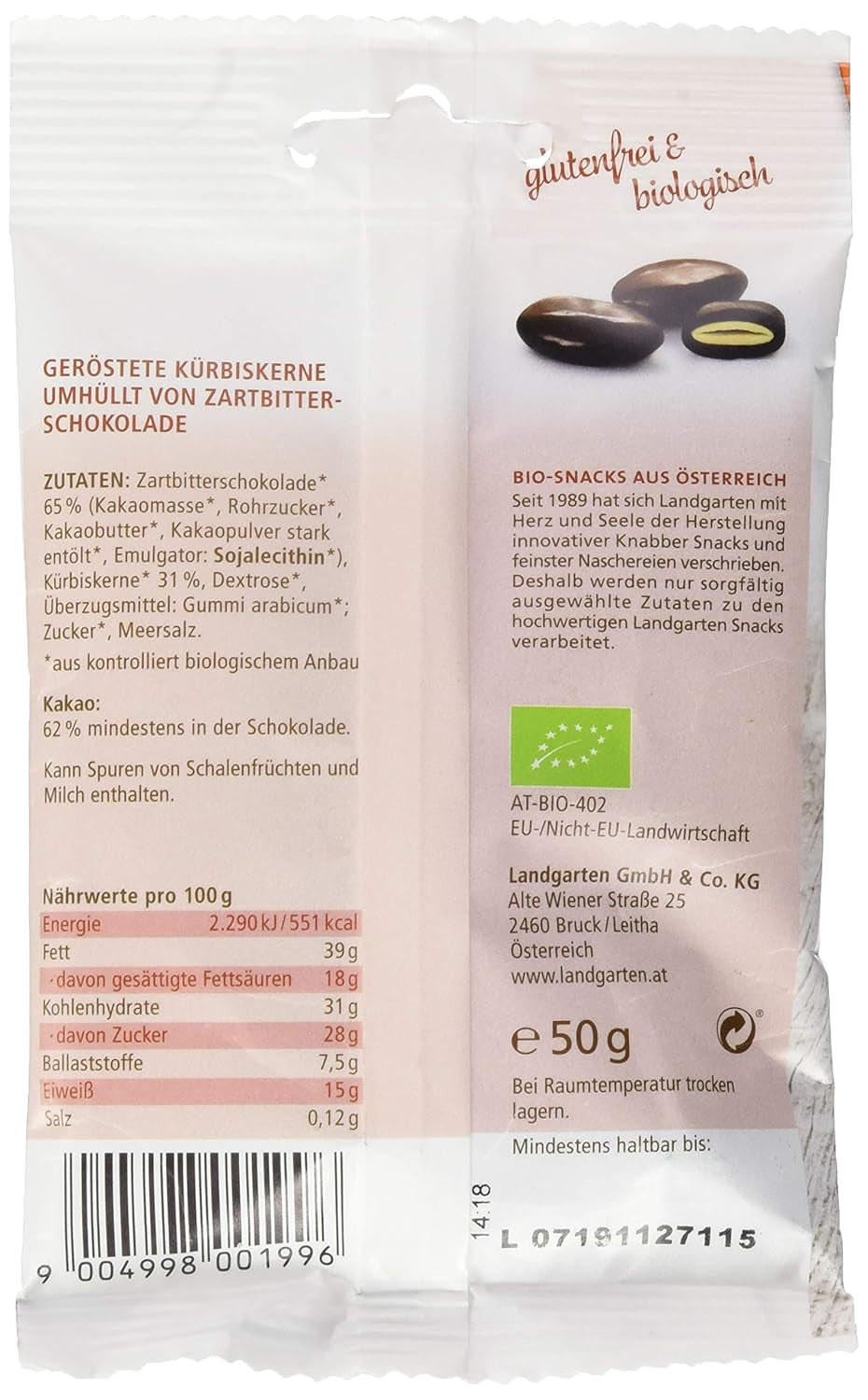 Semințe de dovleac organice Landgarten în ciocolată neagră – Gustare vegană de ciocolată cu semințe de dovleac prăjite – Sursă de magneziu – 1 x 50 g