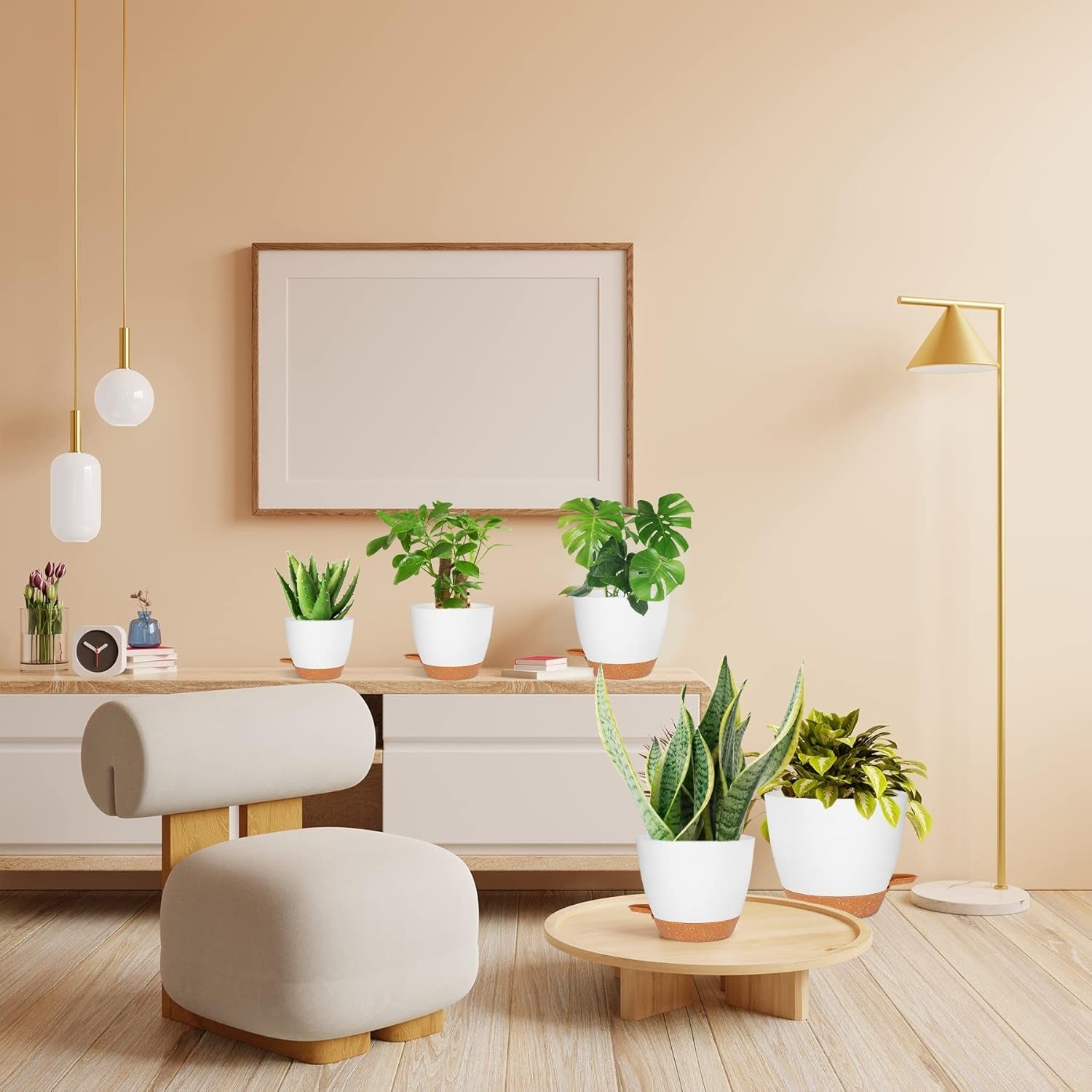 Ghiveci de flori CSYY, set de 7 ghivece de flori din plastic cu sistem de udare, 20,3/19/17,7/16,5/15,2/14/12,7 cm, ghiveci cu auto-udare și farfurie, pentru interior și exterior