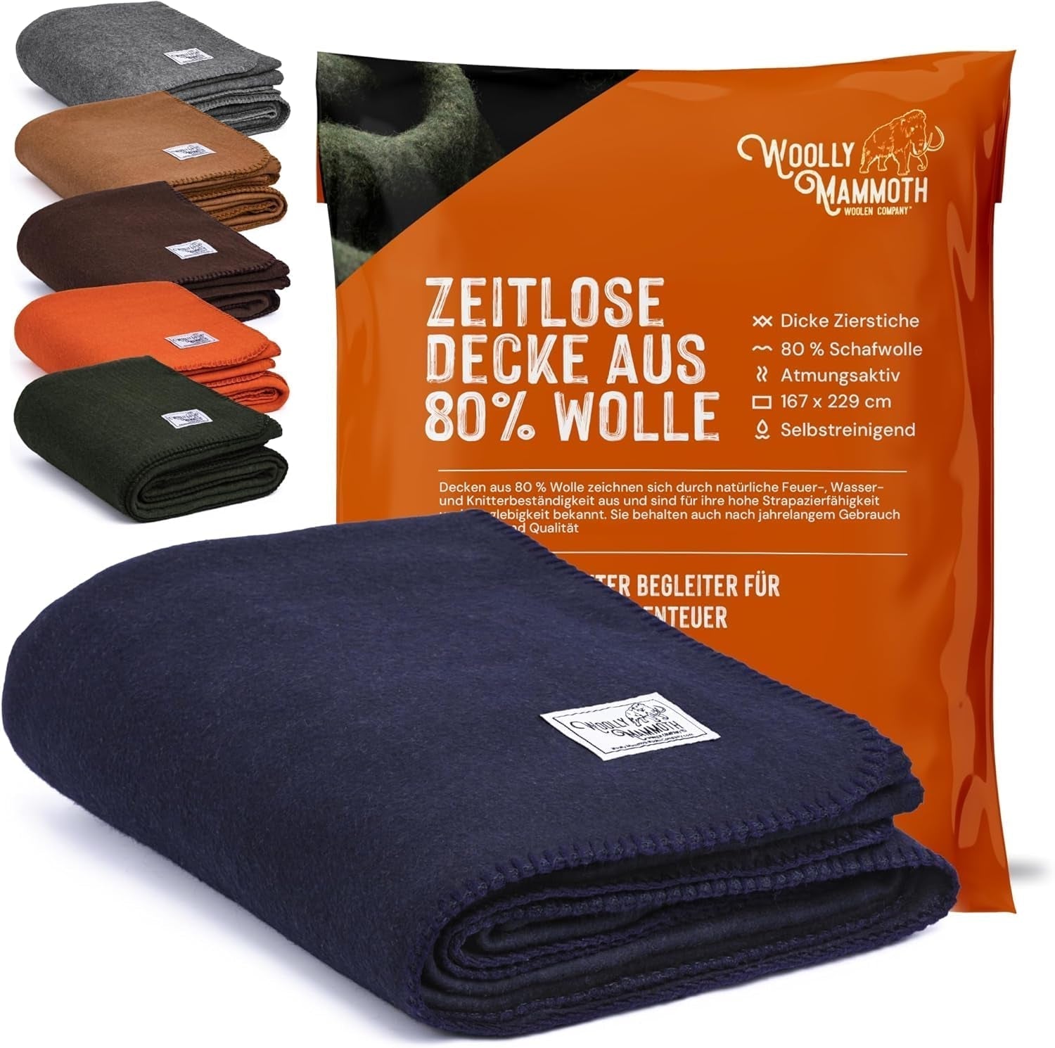 Woolly Mammoth Woolen Co. Campingdecke, extra groß, Merinowolle, die perfekte Outdoor-Ausrüstung für Bushcraft, Camping, Trekking, Wandern, Überleben oder Hüttendecke. Braun, 168 x 228 Woolly Mammoth Woollen Company Betten und Decken Marineblau 66" x 90"