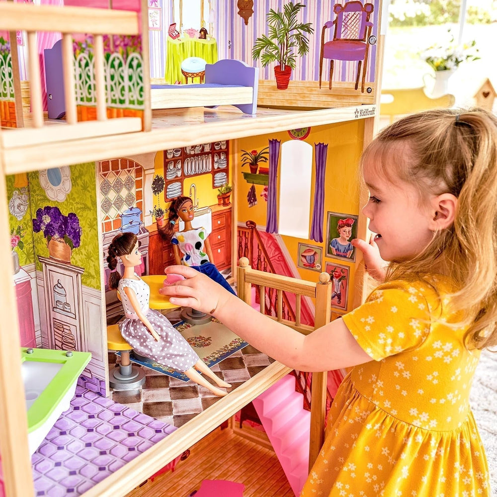 Kidkraft Kayla Holzpuppenhaus mit Möbeln und Zubehör, 3-stöckiges Spielset für 30-cm-Puppen, Spielzeug für 3-Jährige, 65092 – Exklusiv im Naty Shop von Amazon Dollhouses