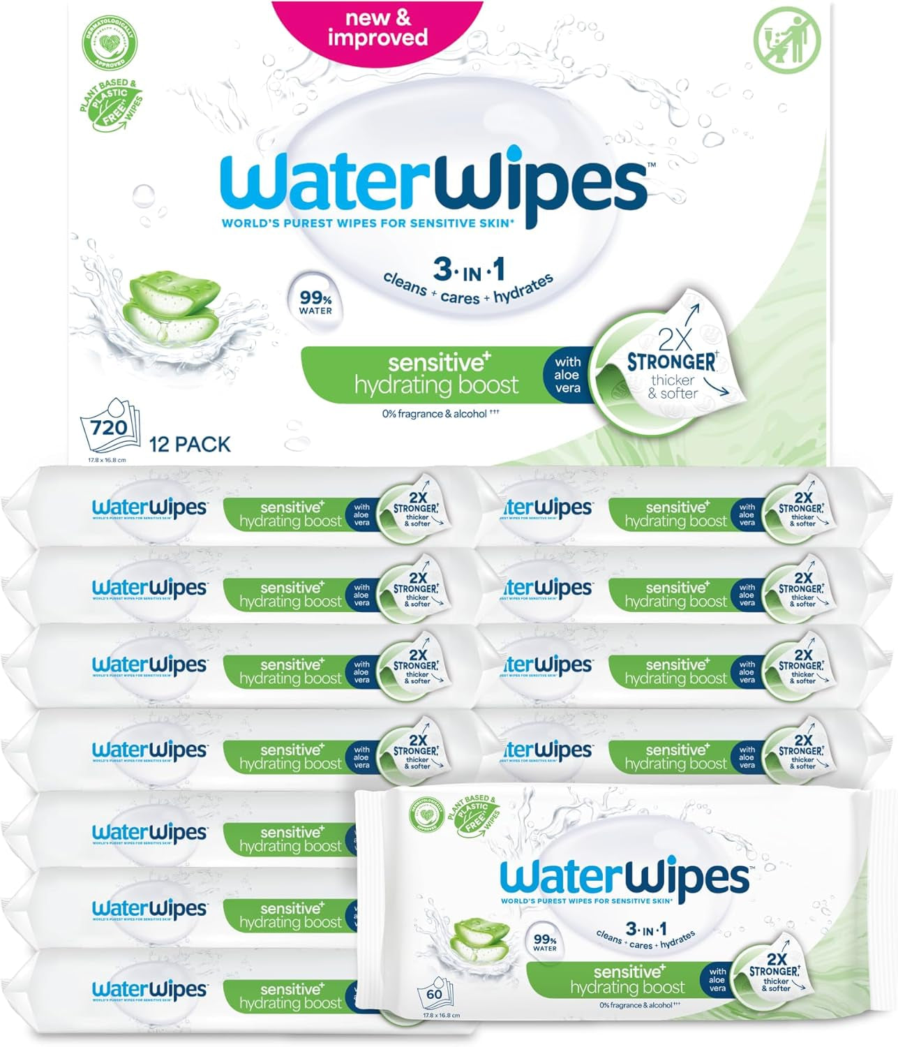 Șervețele umede WaterWipes Sensitive+ Hydrating Boost, șervețele hidratante, 720 bucăți (12 pachete), 3 în 1 curăță, îngrijește, hidratează, 99% apă cu aloe vera, șervețele umede fără parfum pentru bebeluși
