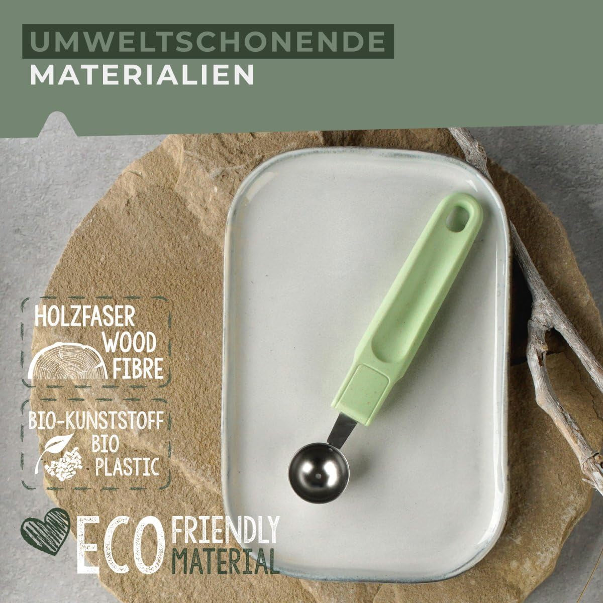 Fackelmann Ecolution Baller – Modelator de fructe și unt din fibre de lemn, bioplastic și oțel inoxidabil – Lingură pariziană de 18 x 3 cm, verde mentă