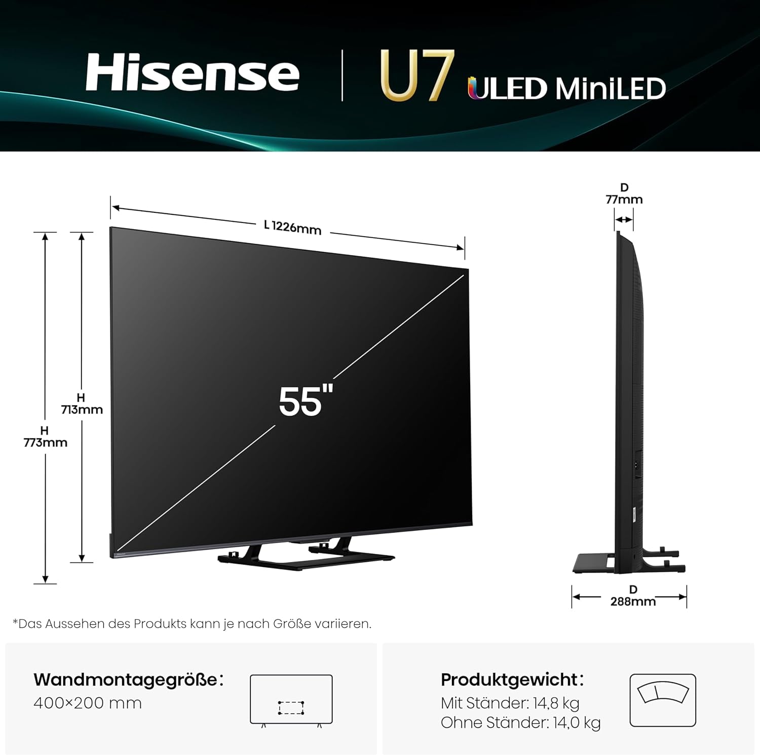 Televizor Hisense 55U7Q de 55 de inci, mini LED ULED 4K, Smart TV, motor Hi-View AI, mod de joc Pro la 144Hz, FreeSync Premium, subwoofer încorporat, Dolby Vision IQ Atmos, AirPlay, control vocal [2025]