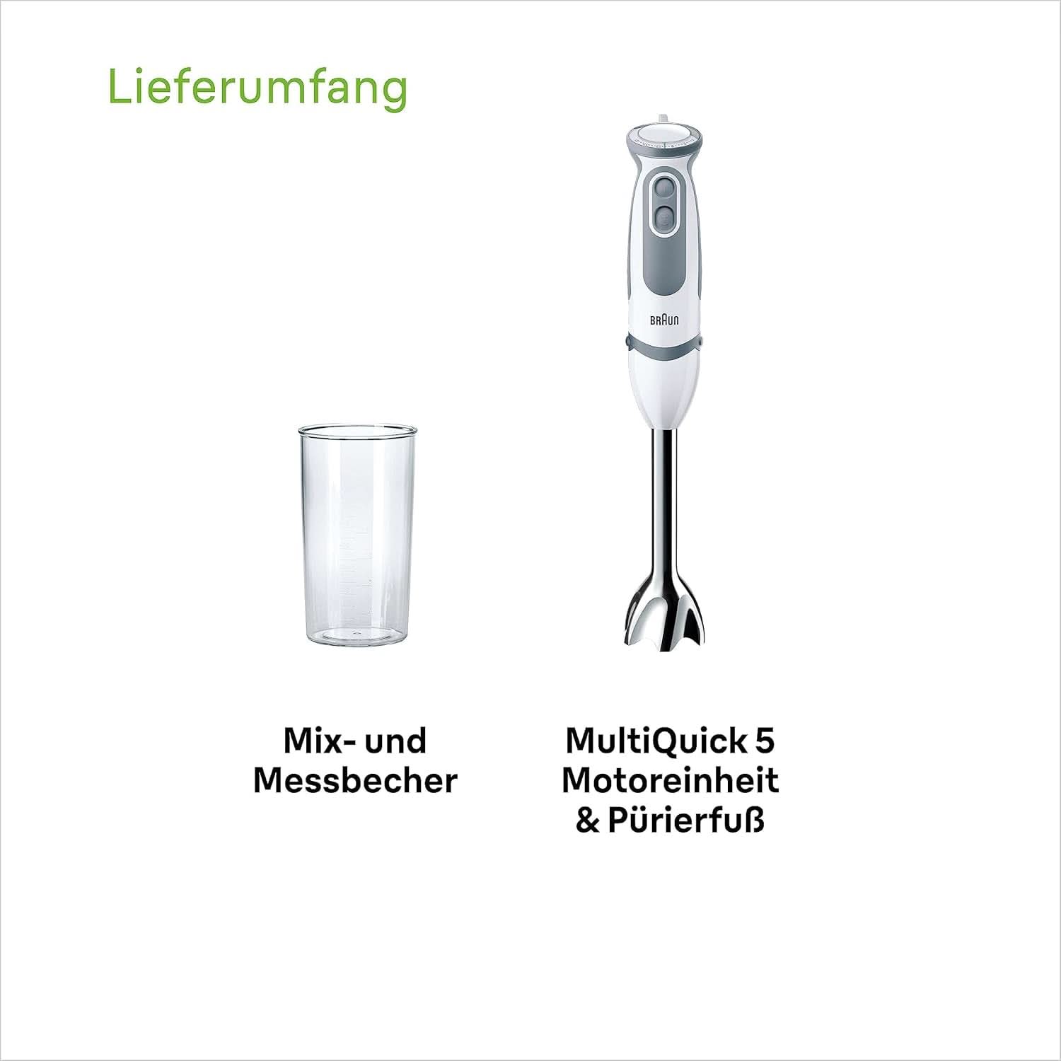 Braun Stabmixer MQ 5200WH - Multiquick 5 Vario Pürierstab Mit Edelstahl Mixfuß, 1000 Watt, Inkl. 600 ml Mix- & Messbecher, Weiß/Grau Kitchen Naty Shop