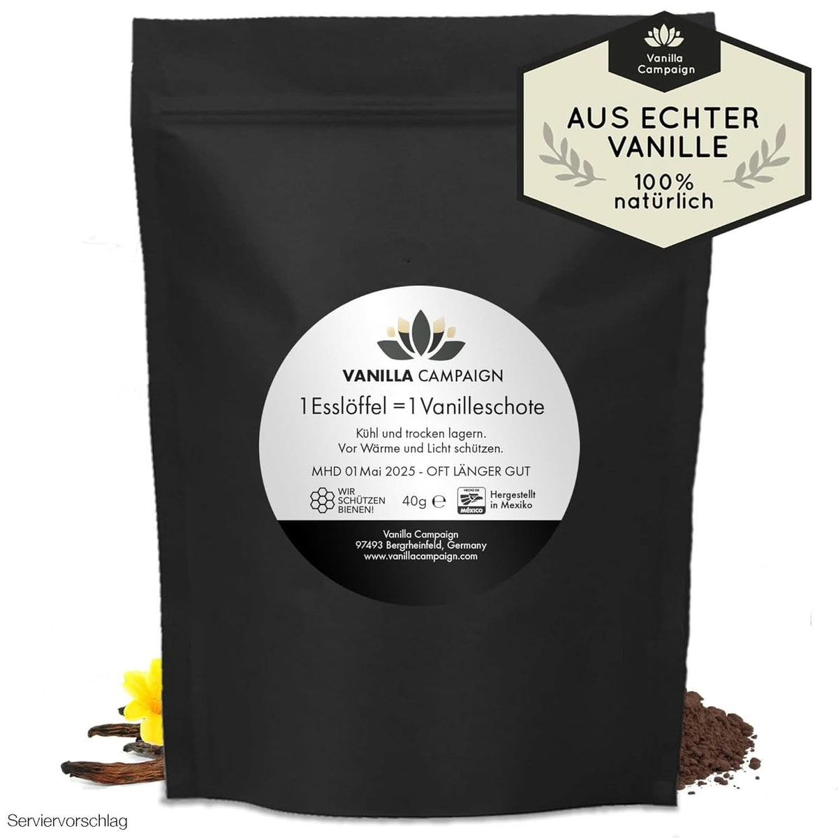 Premium-Vanillepulver aus echten Vanilleschoten, natürlich, zuckerfrei, ohne Zusatzstoffe, Fairtrade, vegan (40 g unverpackt) von Vanilla Campaign® Flavours Naty Shop 40 g (Einzeldosis)