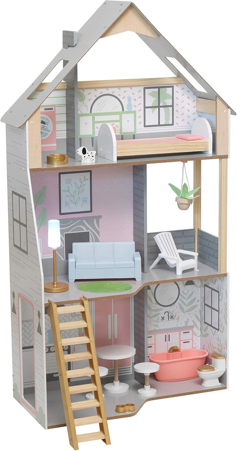 Kidkraft Alina Holzpuppenhaus mit Möbeln und Zubehör für 30-cm-Puppen, 3-stöckiges Spielset mit Hund und beweglicher Treppe, Spielzeug für 3-jährige Kinder, 10229 Naty Shop Puppenhäuser
