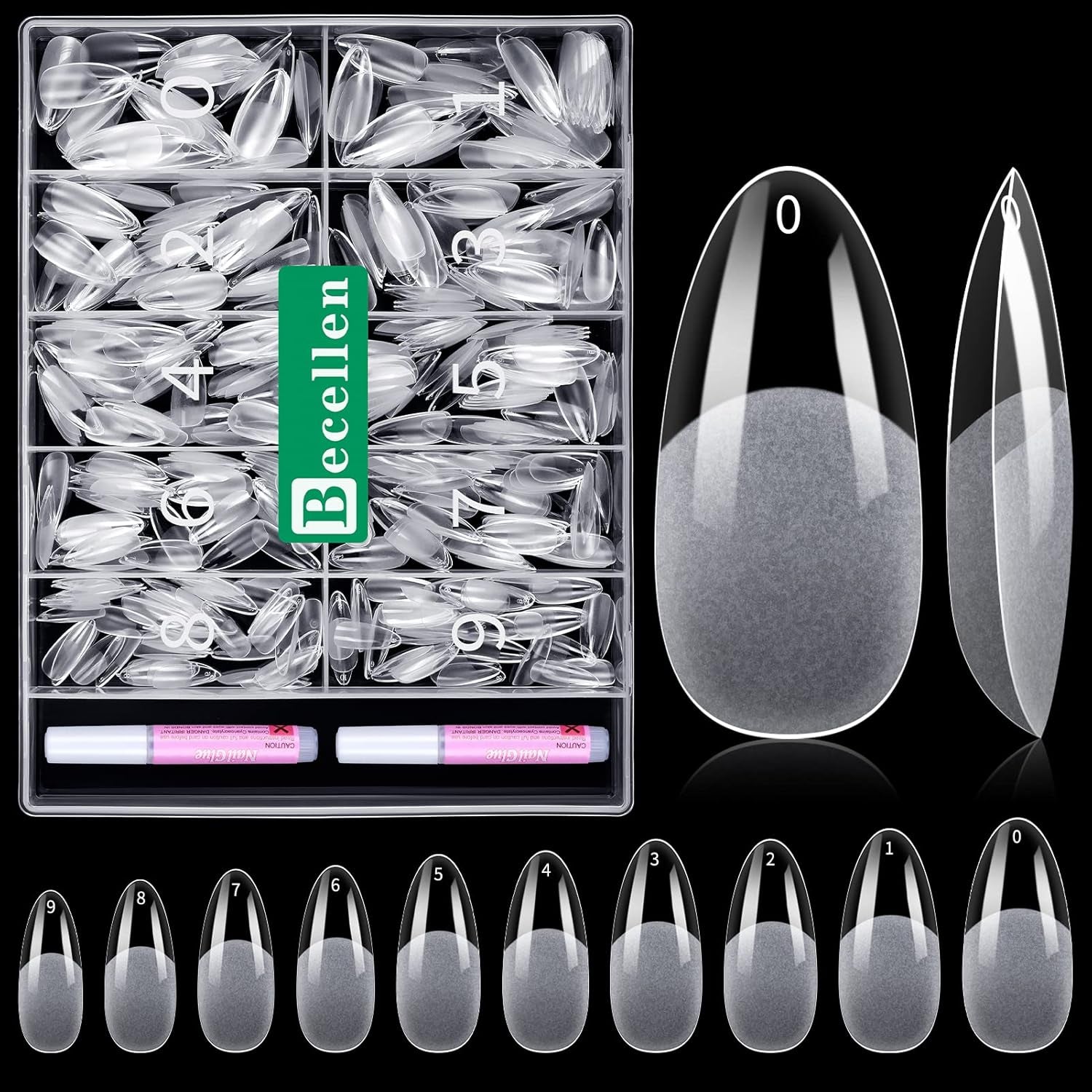 Becellen 500 bucăți vârfuri unghii artificiale, vârfuri unghii cu gel moale, acoperire completă, vârfuri pentru unghii cu gel, unghii artificiale pre-lustruite, set unghii cu lipici pentru nail art DIY (migdale)