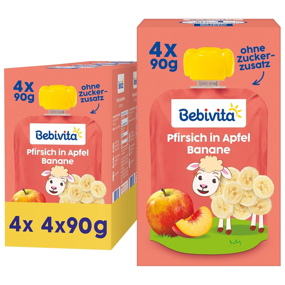 Pliculețe stoarcibile cu piersici, măr și banane – 16 bucăți (pachet de 4, 4 x 90 g fiecare), fără zahăr adăugat, fără gluten, ideale pentru gustări la pachet și pentru consumul independent