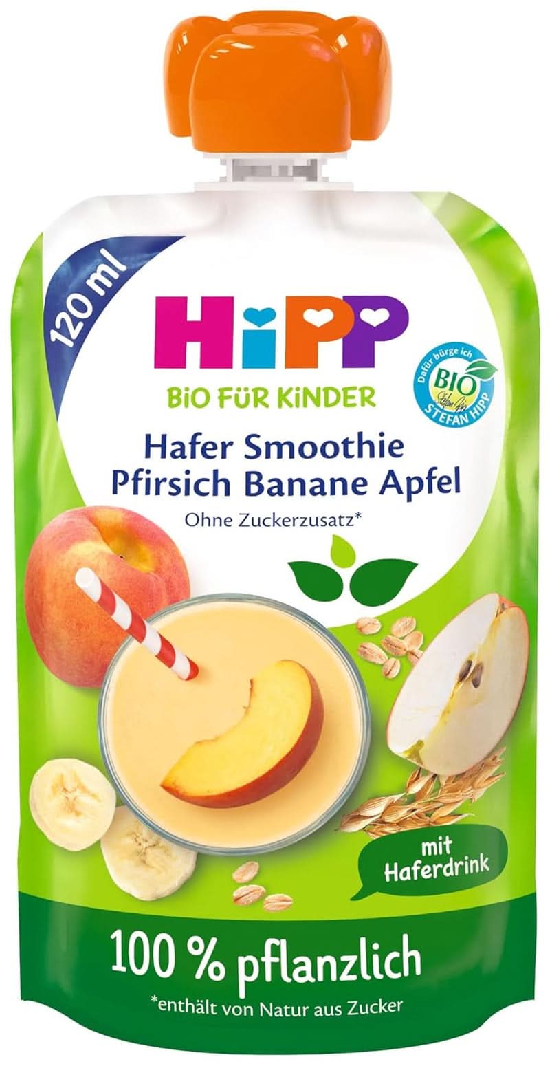 Hipp BIO Smoothie mit Äpfeln, Pfirsichen, Bananen mit Haferdrink, 120 ml, 6er Pack (6 x 120 ml) Mutter und Kind Naty Shop 6 x 120 ml Banane, Pfirsich