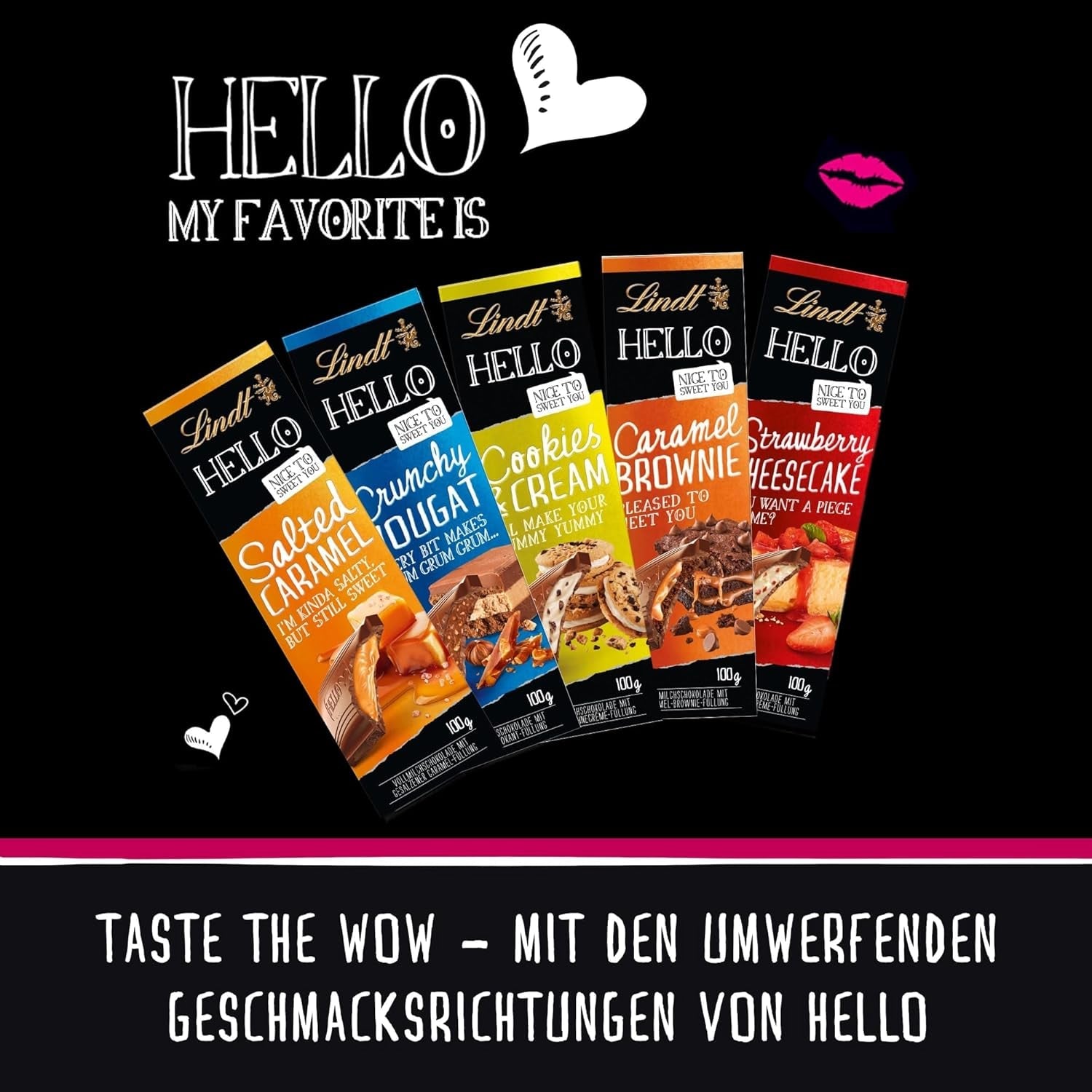 Lindt HELLO Cheesecake cu căpșuni și ciocolată | Baton 100g | Ciocolată cu lapte cu umplutură de cremă de quark cu căpșuni | Baton de ciocolată | Cadou de ciocolată (Pachet de 5)