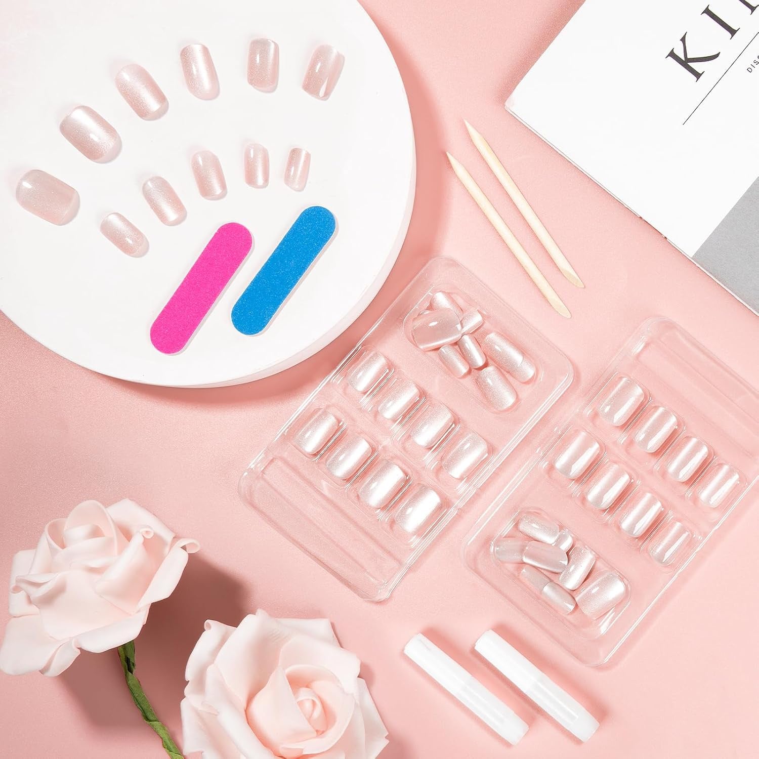 Kiiwah 48 bucăți unghii scurte pătrate, unghii artificiale roz pentru lipit, vârfuri de unghii scurte, vârfuri de unghii false