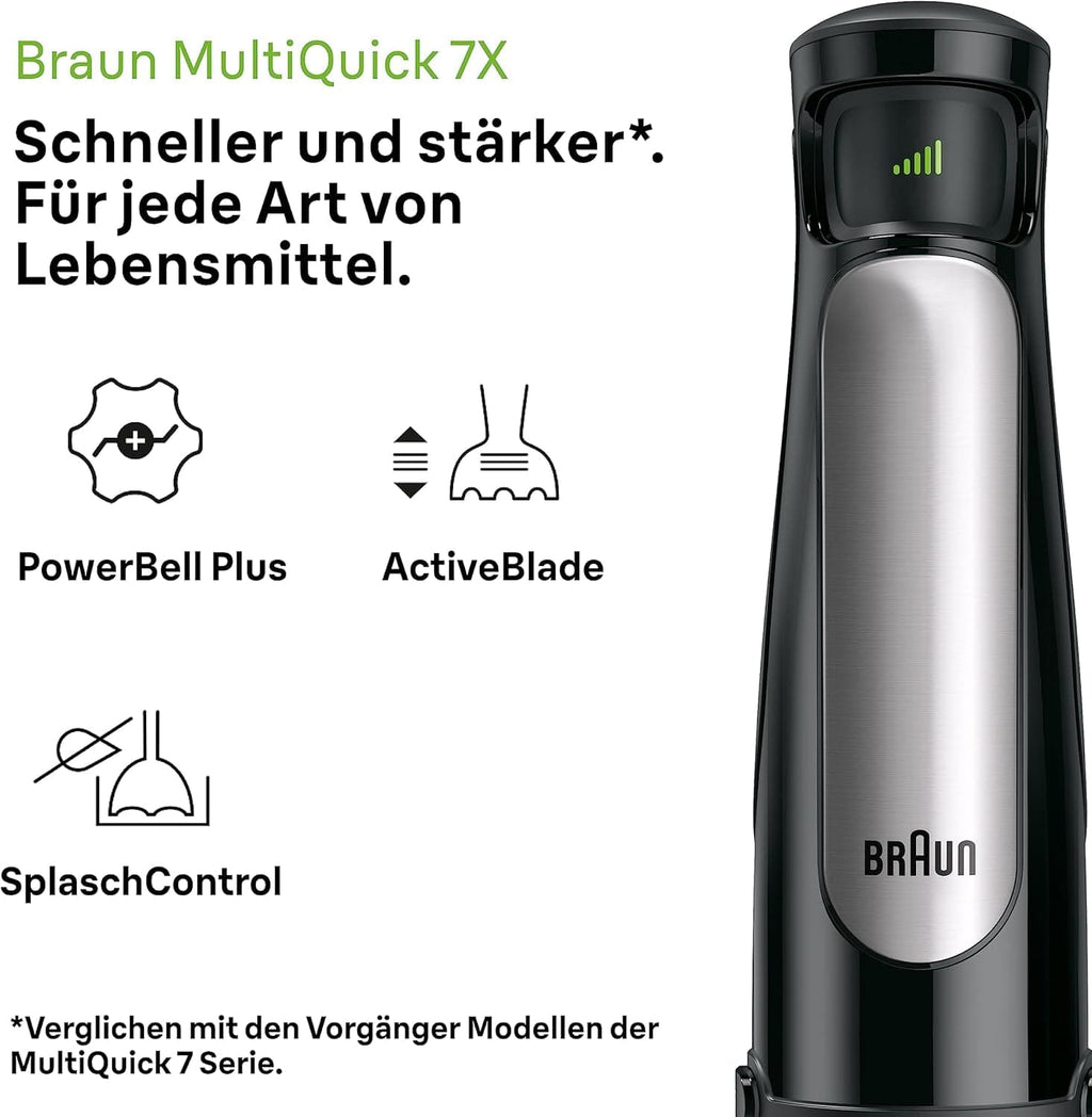 Braun Multiquick 7 MQ 7035X Stabmixer - Pürierstab Mit Abnehmbarem Edelstahl Mixfuß Mit Activeblade Technologie Zum Pürieren Der Härtesten Zutaten, Inkl. 3-Teiliges Zubehör Set, 1000 Watt, Schwarz Bucatarie Naty Shop