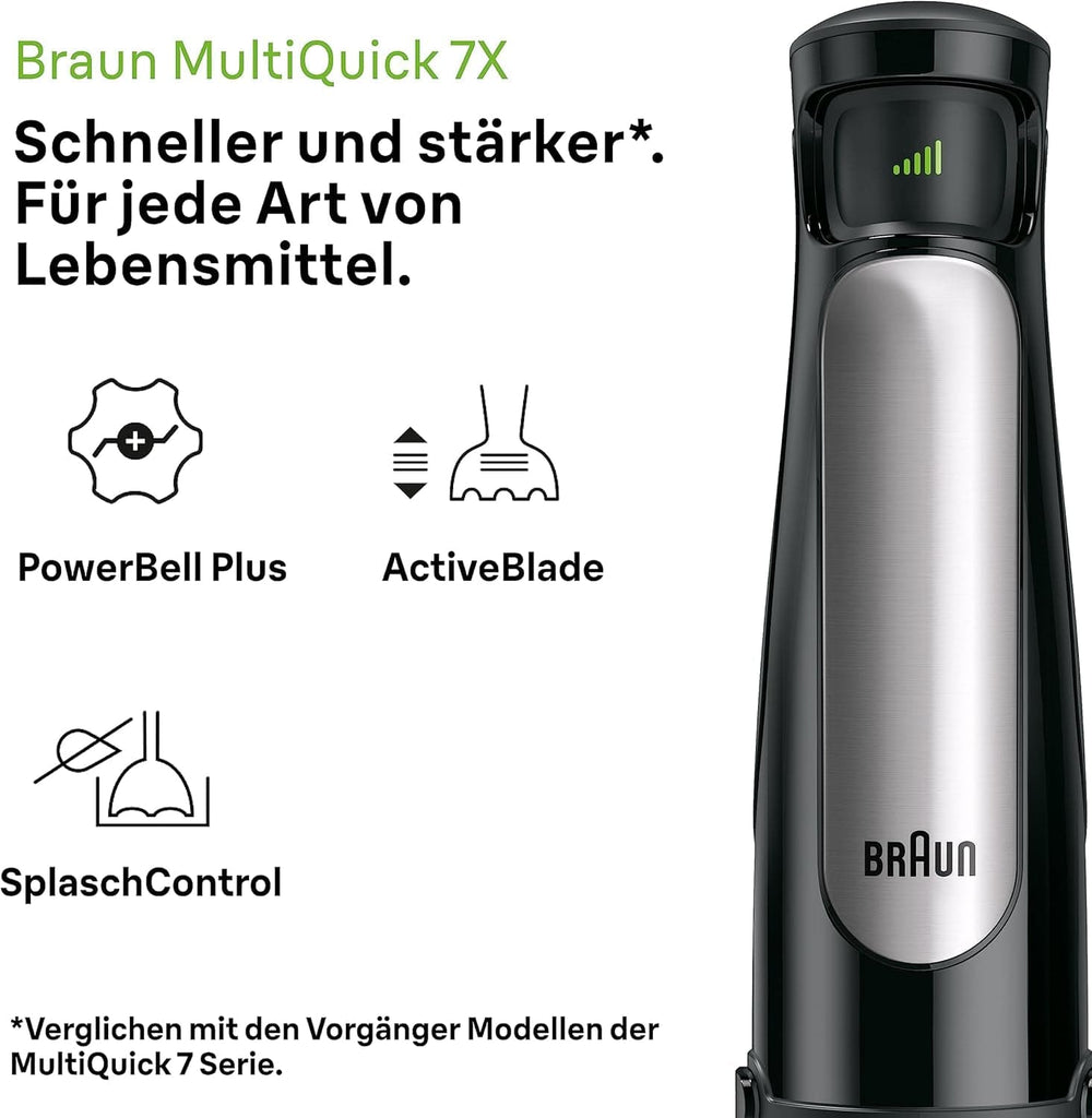 Braun Multiquick 7 MQ 7035X Stabmixer - Pürierstab Mit abnehmbarem Edelstahl Mixfuß Mit Activeblade Technologie Zum Pürieren Der Härtesten Ingredient, Inkl. 3-teiliges Zubehörset, 1000 Watt, Schwarz Kitchen Naty Shop