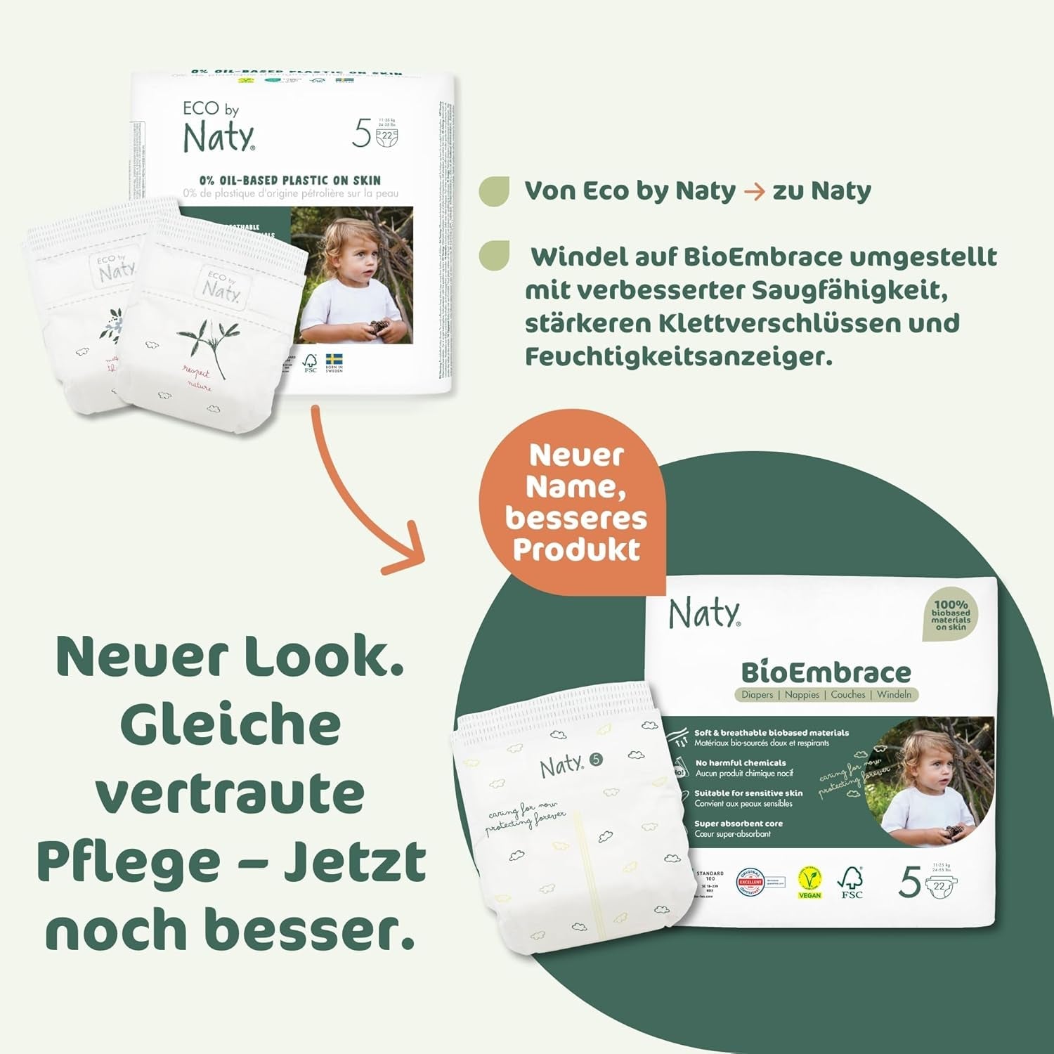 Scutece pentru bebeluși Naty BioEmbrace, mărimea 5 (11–25 kg) | 100% materiale pe bază de plante, delicate cu pielea | Moliciune respirabilă, testate dermatologic, absorbție excelentă | 80 buc.