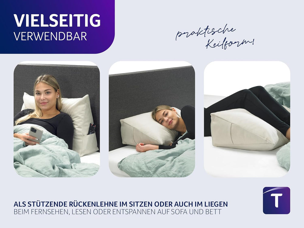 Pernă confortabilă Traumnacht Cozy Back, pernă de citit, 70 x 40 cm bej, husă detașabilă și lavabilă din 100% poliester, buzunar lateral practic, certificată Oeko-Tex, produsă conform standardelor germane de calitate