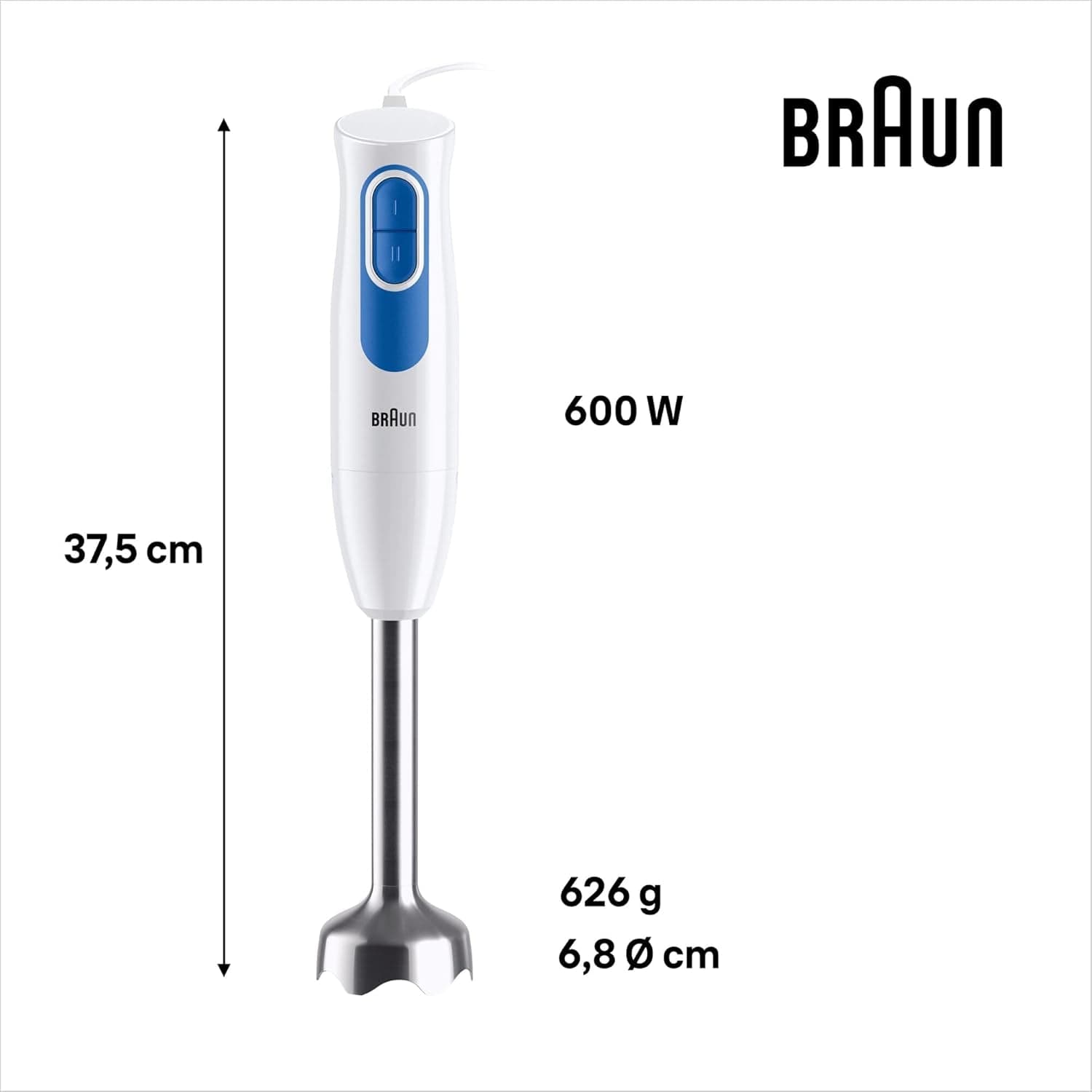 Braun Multiquick2 MQ20236MWH Stabmixer, Mixer Zum Mixen Von Saucen Und Smoothies, 2 Geschwindigkeitsstufen, Zerkleinerer 500 Ml, Becher 600 Ml, Schneebesen Aus Stahl Mutter und Kind Naty Shop