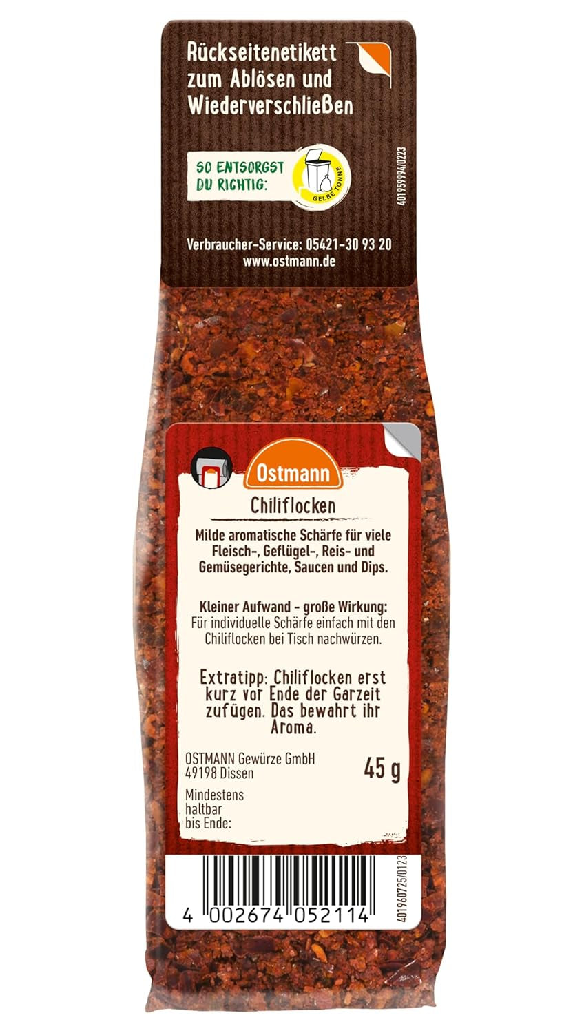 Ostmann Gewürze - Chiliflocken | Scharfes Topping für allerlei Gerichte | Zum Nachfüllen der Streudose | 45 g im Beutel