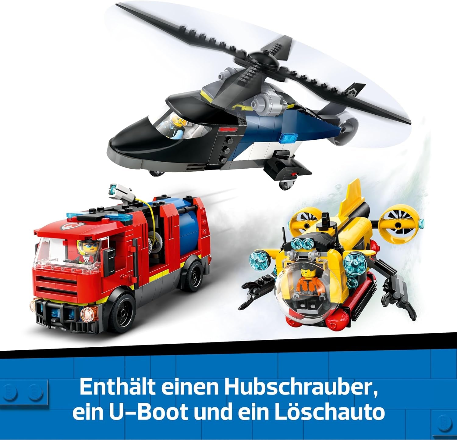 LEGO City Kombinationsset mit Hubschrauber, Löschauto und U-Boot und 3 Minifiguren - Baubare Spielzeug Fahrzeuge für Jungen und Mädchen ab 7 Jahren - Geschenk zum Geburtstag & für die Feiertage 60462