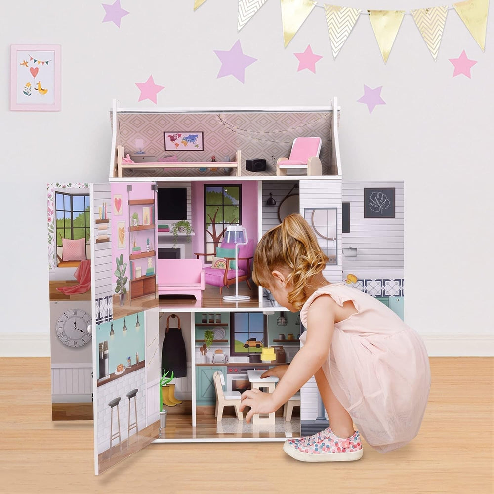 Olivia'S Little World Dreamland Farmhouse Kids Interactive Wooden Dollhouse 3 etaje cu 13 accesorii de mobilier pentru păpuși alb TD-13632A Casute de papusi Naty Shop