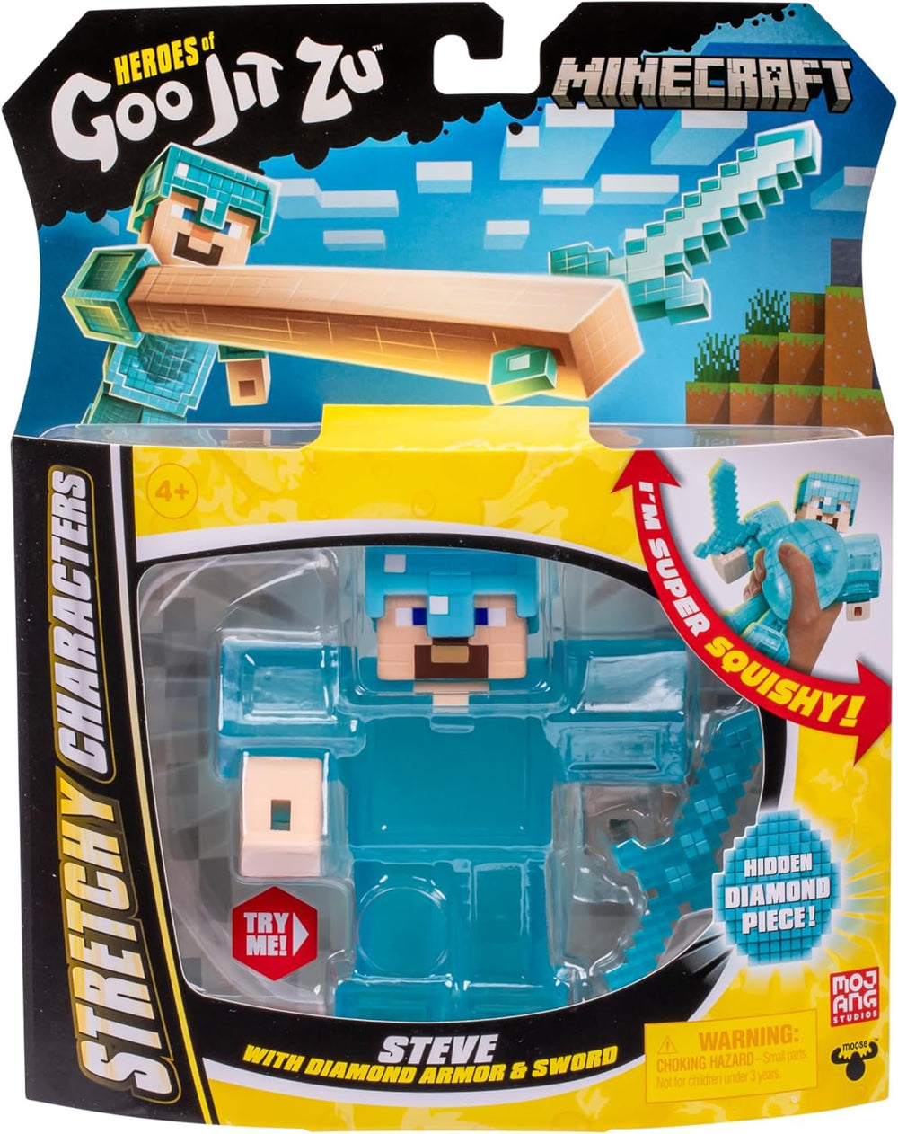 Heroes of Goo Jit Zu – Erweiterbare Minecraft-Figur – Steve mit Diamantrüstung und Schwert, super dehnbarer Goo-Füller mit verstecktem Diamantelement im Inneren, erweiterbar auf Actionfiguren in dreifacher Größe, Naty Shop