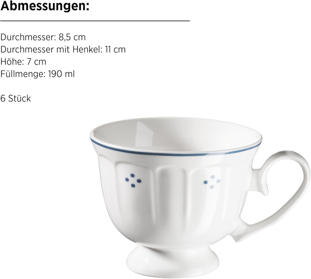 Seria Mäser Lova, serviciu de cafea din porțelan cu 18 piese – 6 farfurii de desert (19,5 cm), 6 cești (19 cl) și 6 farfurioare (15,5 cm), albastru