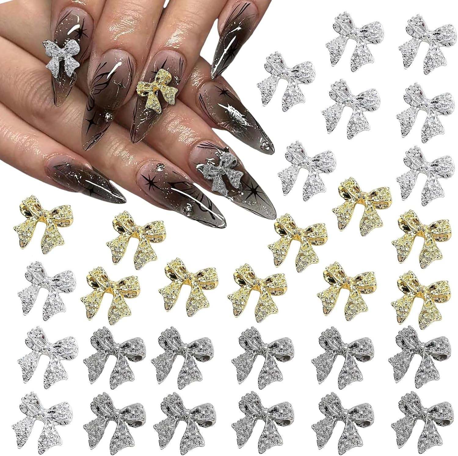 30 de bucăți de funde metalice pentru unghii, funde aurii, argintii și gri, accesorii pentru unghii, decorațiuni pentru unghii pentru femei și fete, design de unghii artizanal