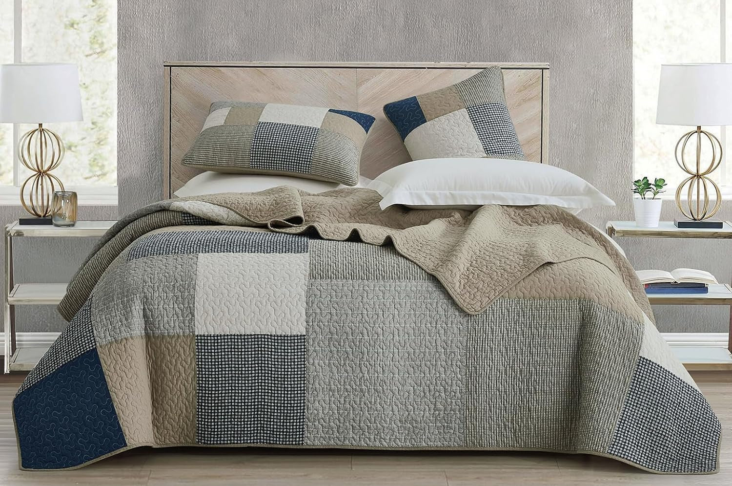 Chezmoi Collection Addy Patchwork Quilt Set bumbac pre-spălat, ușor, reversibil, pentru toate anotimpurile, supradimensionat, 3 piese, albastru marin, alb, gri, taupe, în carouri Plapumi si pilote Naty Shop