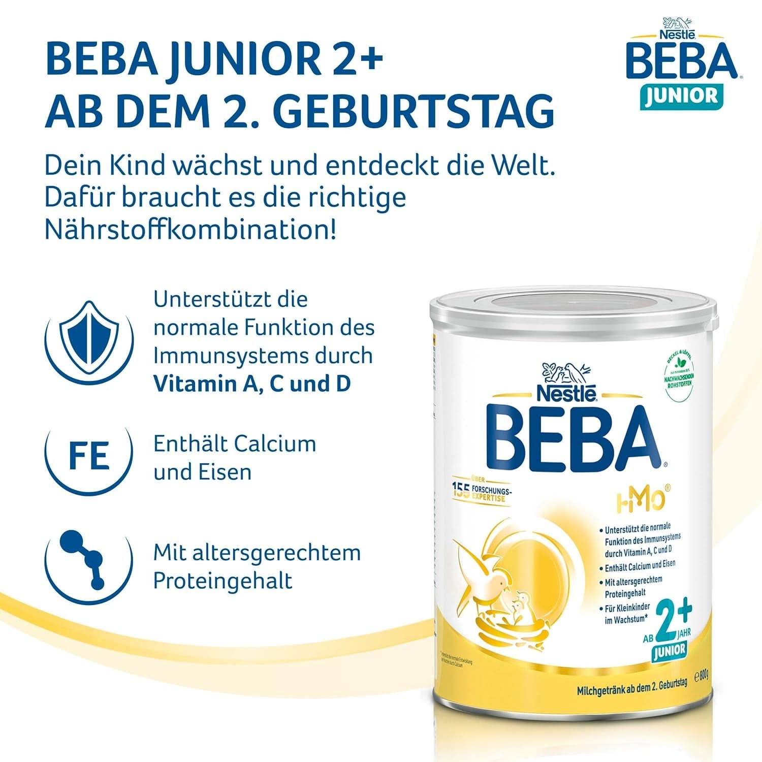 BEBA Junior 2+ Milchgetränk zum 2. Geburtstag, HMO 2'-FL Babynahrung, nur Laktose, frei von Palmöl, Packung 6 (6 x 800 g) Mutter und Baby Naty Shop