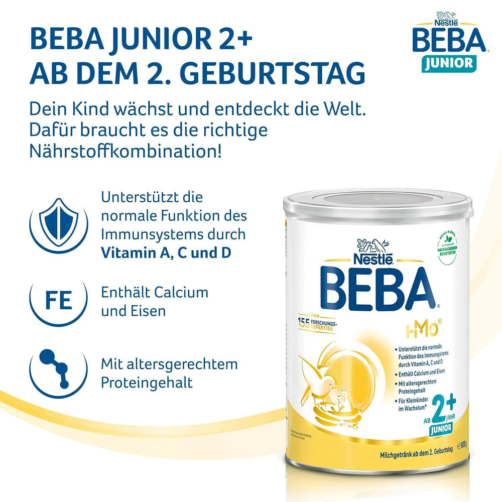 BEBA Junior 2+ Milchgetränk zum 2. Geburtstag, HMO 2'-FL Babynahrung, nur Laktose, frei von Palmöl, Packung 6 (6 x 800 g) Mutter und Baby Naty Shop